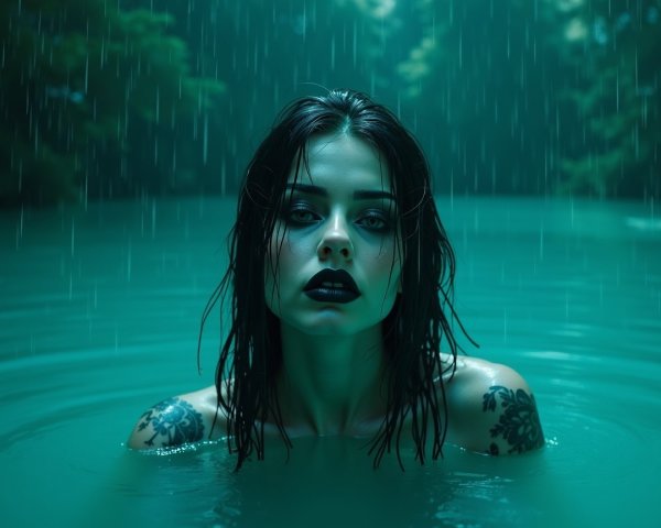Mysterious Woman in Turquoise Water with Tattoos