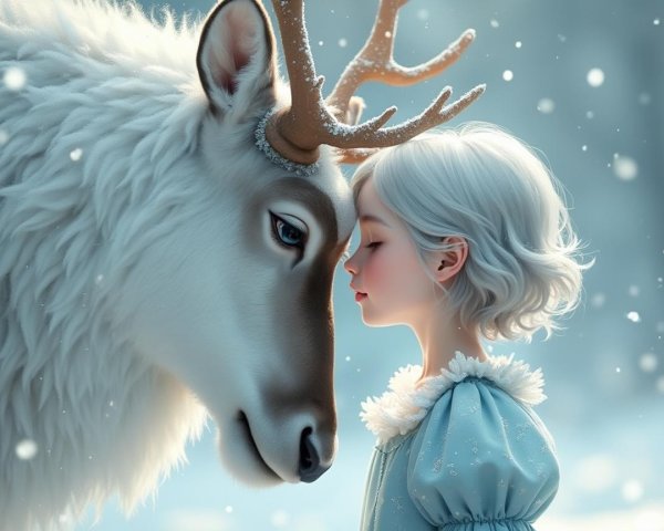 Young Girl and White Reindeer in Winter Scene