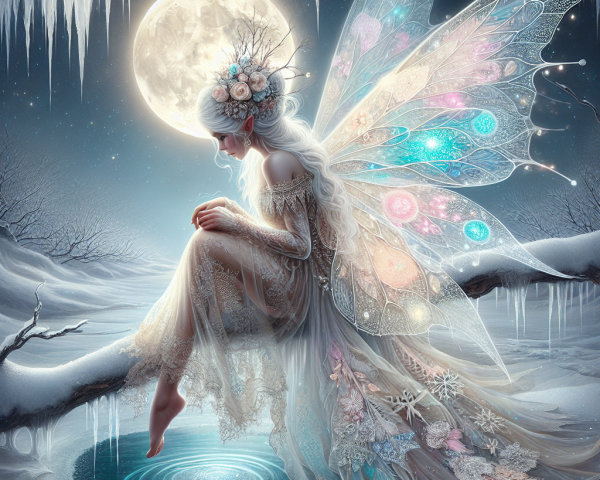 Fairy with Iridescent Wings in Winter Landscape