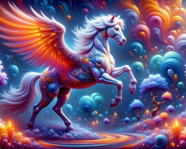 Majestic Winged Unicorn in a Colorful Fantasy Landscape