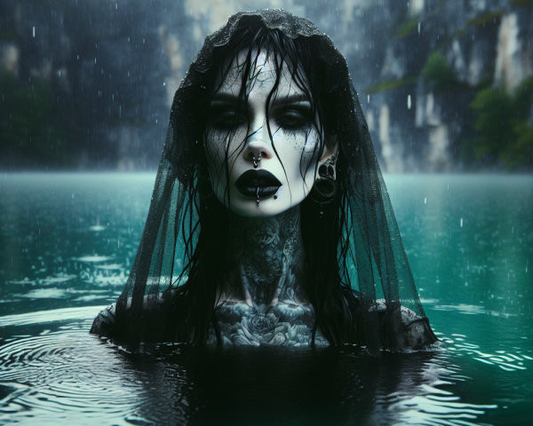 Mysterious Figure in Turquoise Water with Veil and Tattoos