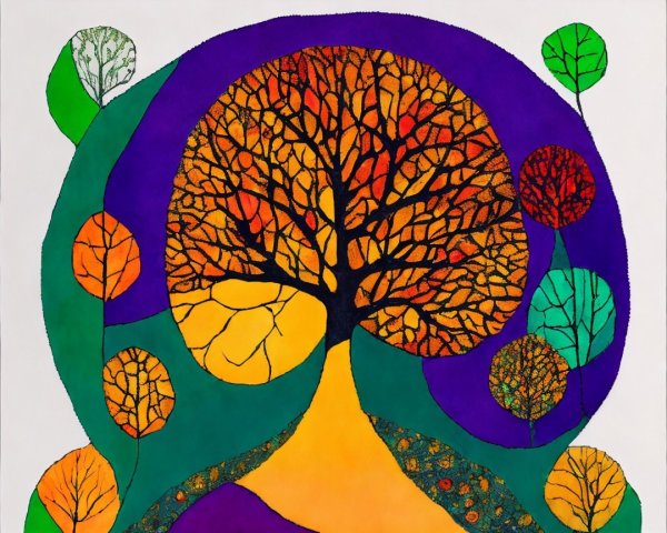 Vibrant Artwork of Central Tree with Colorful Surroundings