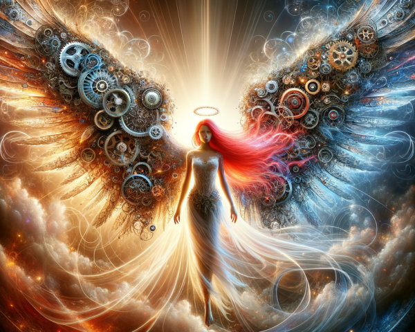 Celestial Figure with Mechanical Wings in Ethereal Clouds