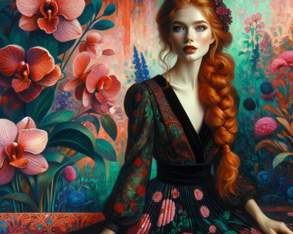 Young woman in dark dress among vibrant flowers