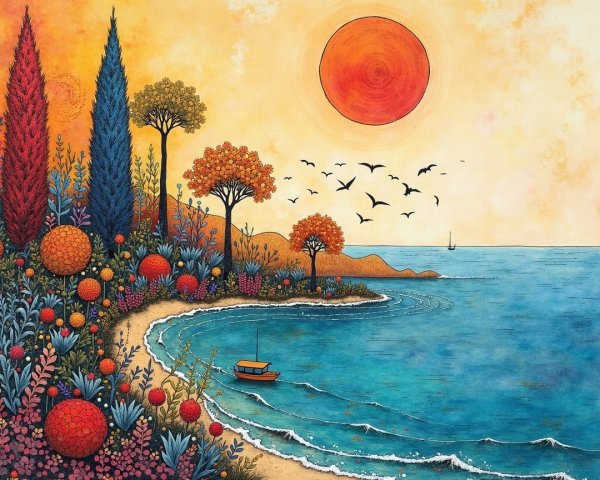Vibrant Coastal Sunset Landscape with Lush Trees