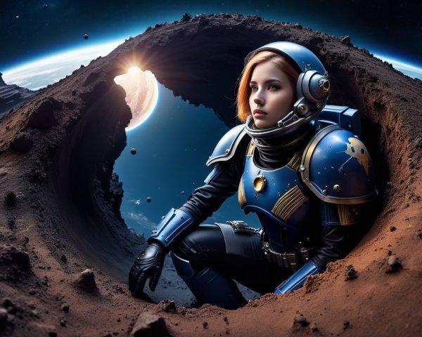 Futuristic Female Astronaut in Alien Landscape Scene