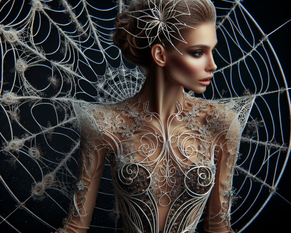 Elegant Model in Intricate Lace-Inspired Gown