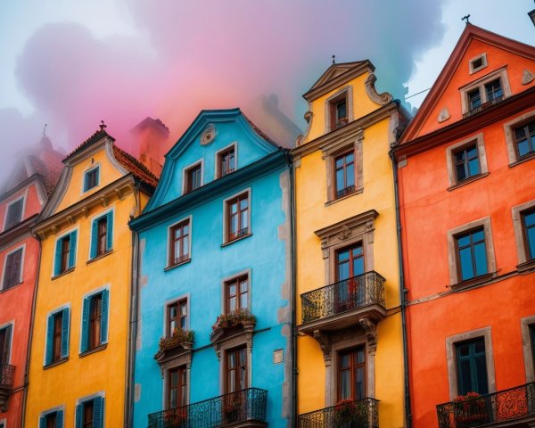 Vibrant Historic Houses with Colorful Façades and Balconies