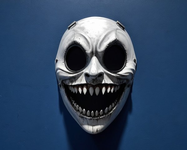 Sinister White Mask with Sharp Teeth on Blue Background