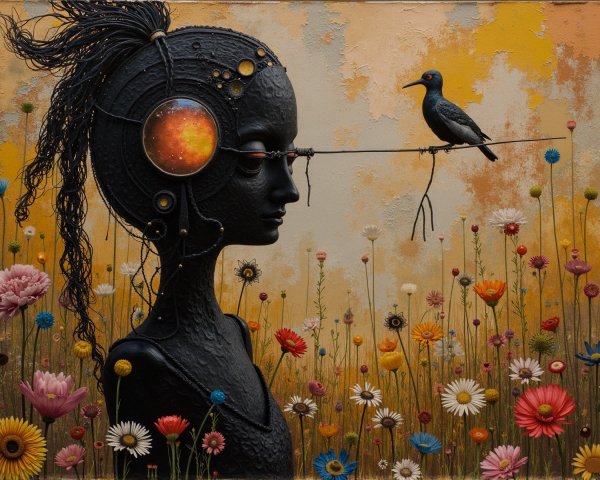 Silhouette of Woman with Cosmic Headphones in Garden