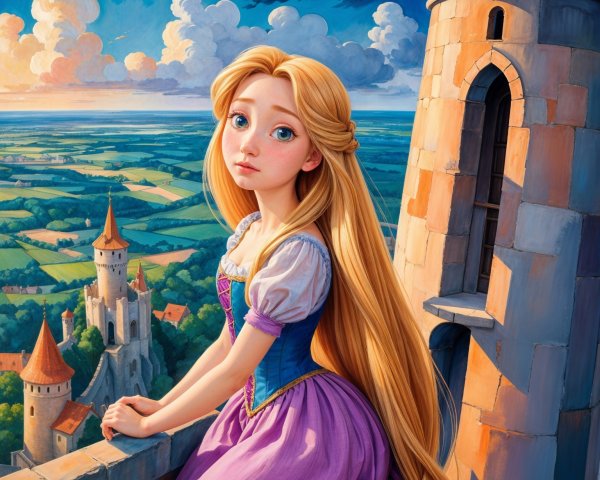 Young woman in purple dress atop stone tower