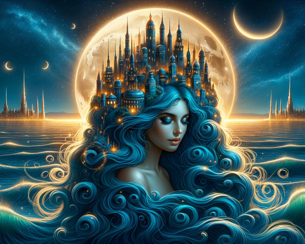 Mystical Scene of Woman with Blue Hair and Castle