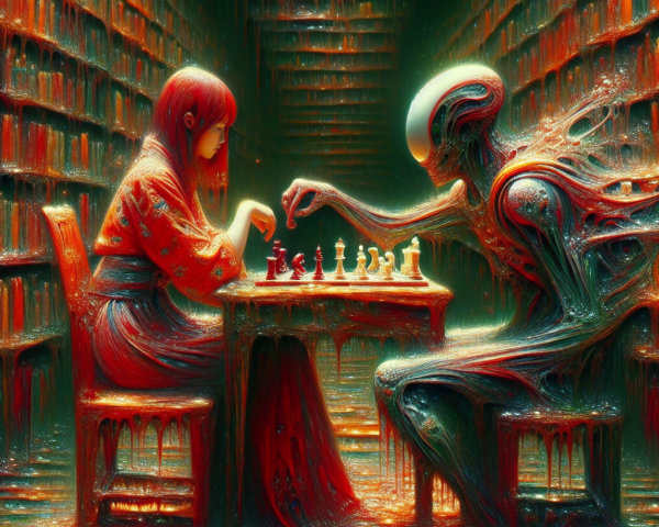 Surreal Library Scene with Chess Game and Alien Figure