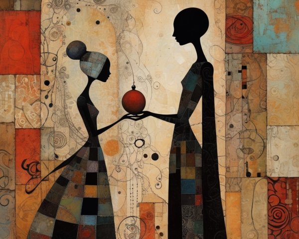 Silhouetted Figures with Orange Orb on Vibrant Background