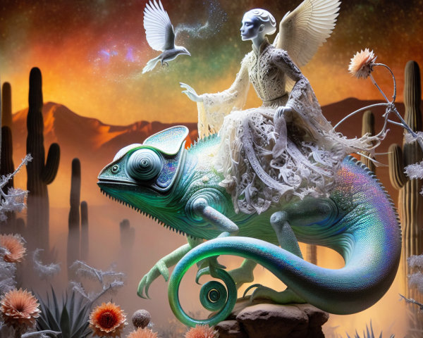 Ethereal figure with wings atop a vibrant chameleon