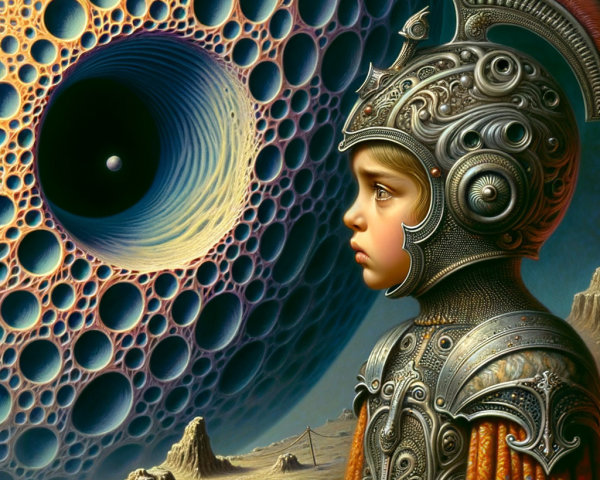 Child in Armor Staring at Cosmic Vortex Landscape