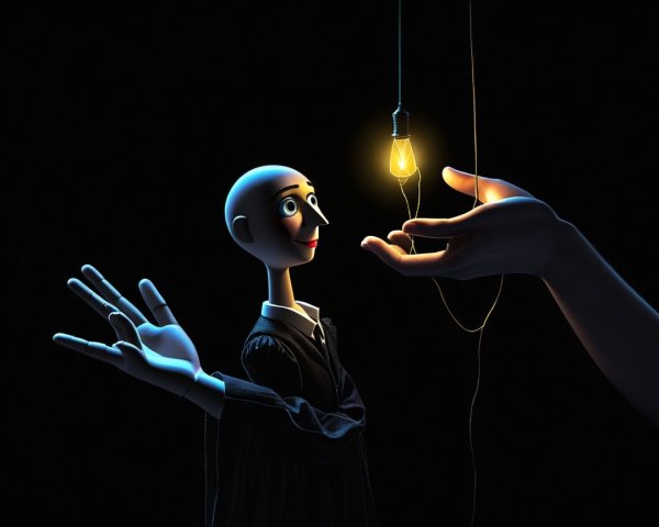Whimsical Puppet in Awe of Glowing Lightbulb