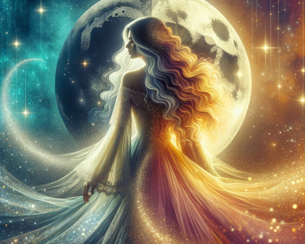 Celestial Figure in Cosmic Landscape with Radiant Moon