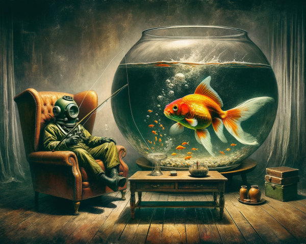 Diver in Vintage Suit Fishing in a Giant Fishbowl