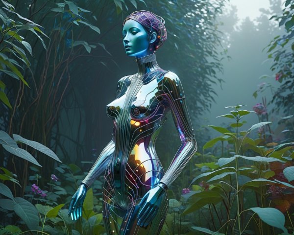 Futuristic humanoid robot in lush green environment