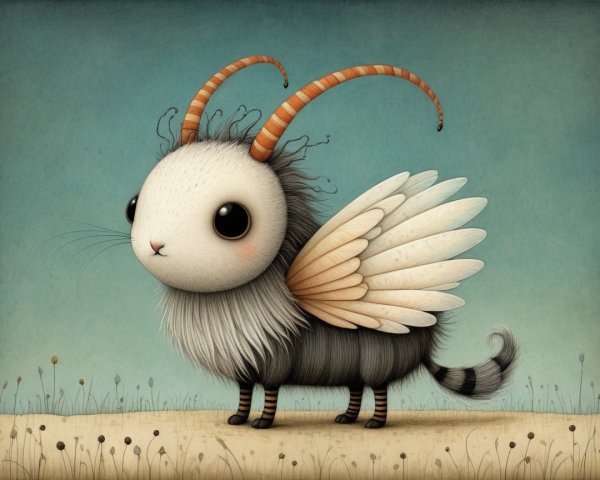 Whimsical Goat-Insect Creature with Feathery Wings