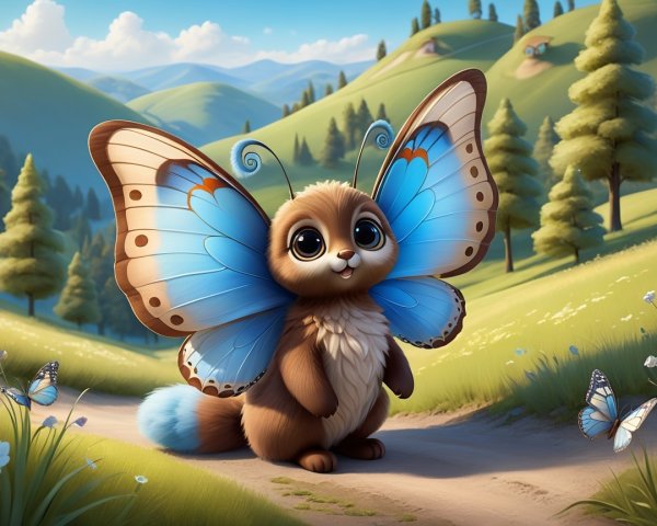 Furry Creature with Blue Butterfly Wings in Landscape