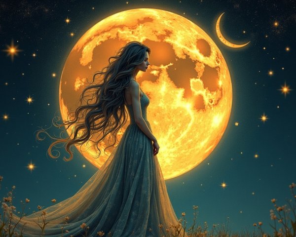 Silhouette of a Woman Against a Full Moon and Stars