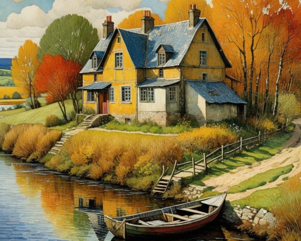 Charming Countryside Scene with Yellow House and River