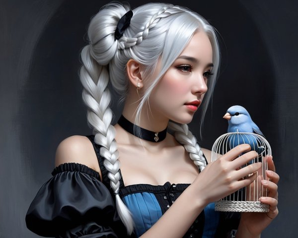 Young woman with silver hair and birdcage in dark setting