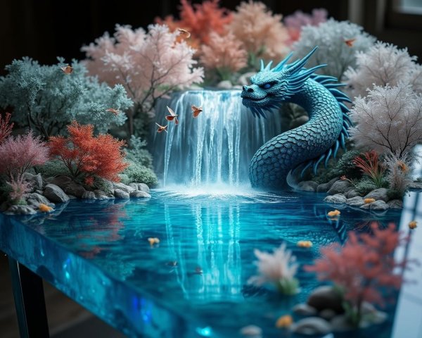Detailed Sculpture of a Dragon in a Vibrant Landscape
