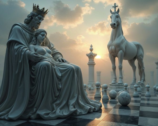 Majestic Chessboard Scene with Marble Figures