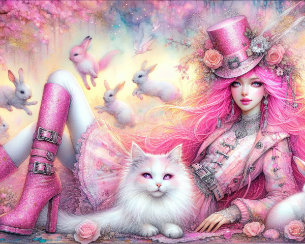 Whimsical Scene with Girl, Bunnies, and Pastel Colors