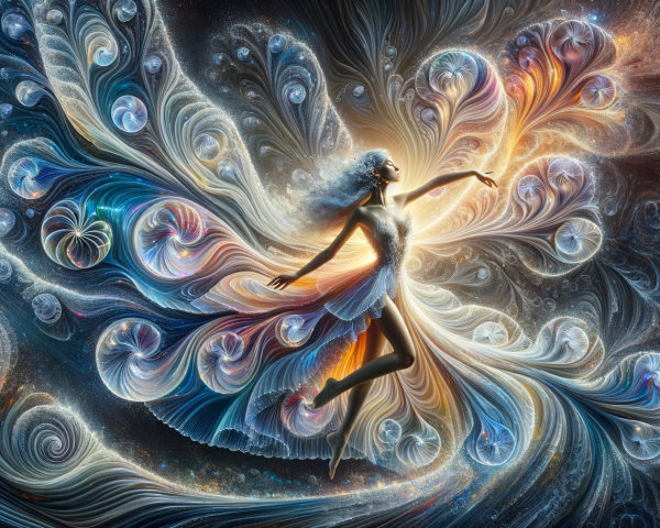 Graceful dancer figure amidst vibrant colors and patterns