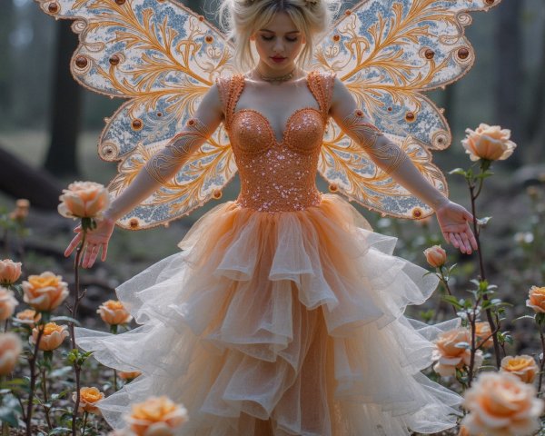 Whimsical Fairy in Forest of Blooming Orange Roses