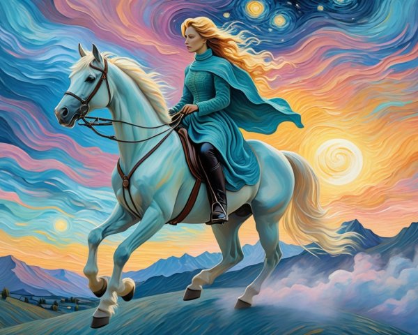 Woman on White Horse in Vibrant Fantasy Landscape