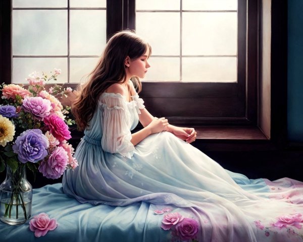 Young Woman in Light Blue Dress by Window with Flowers