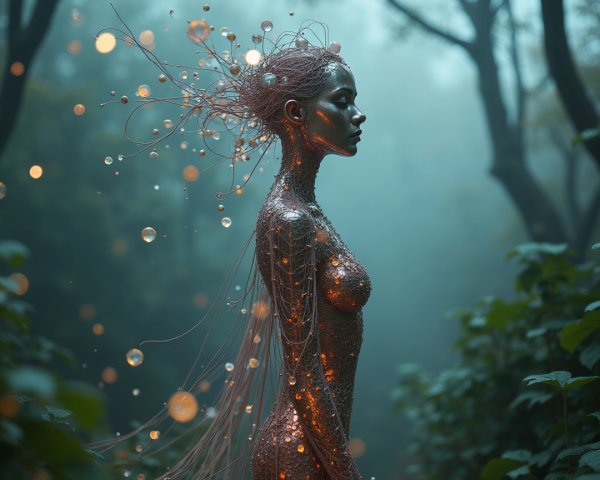 Surreal Figure in Misty Forest with Glowing Orbs