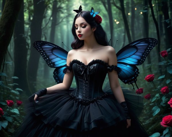 Young woman in mystical forest with butterfly wings