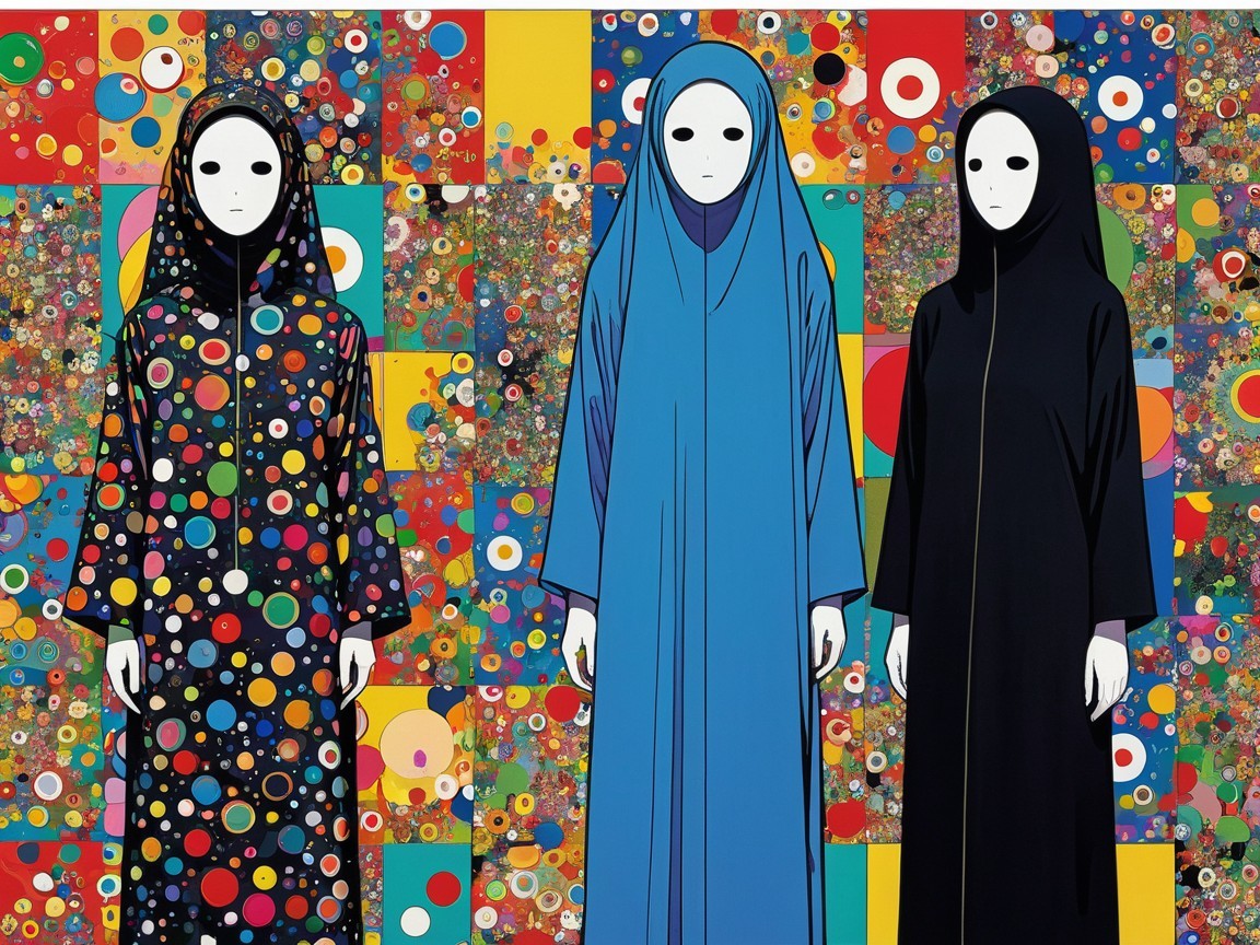 Three Figures in Traditional Garments Against Abstract Background
