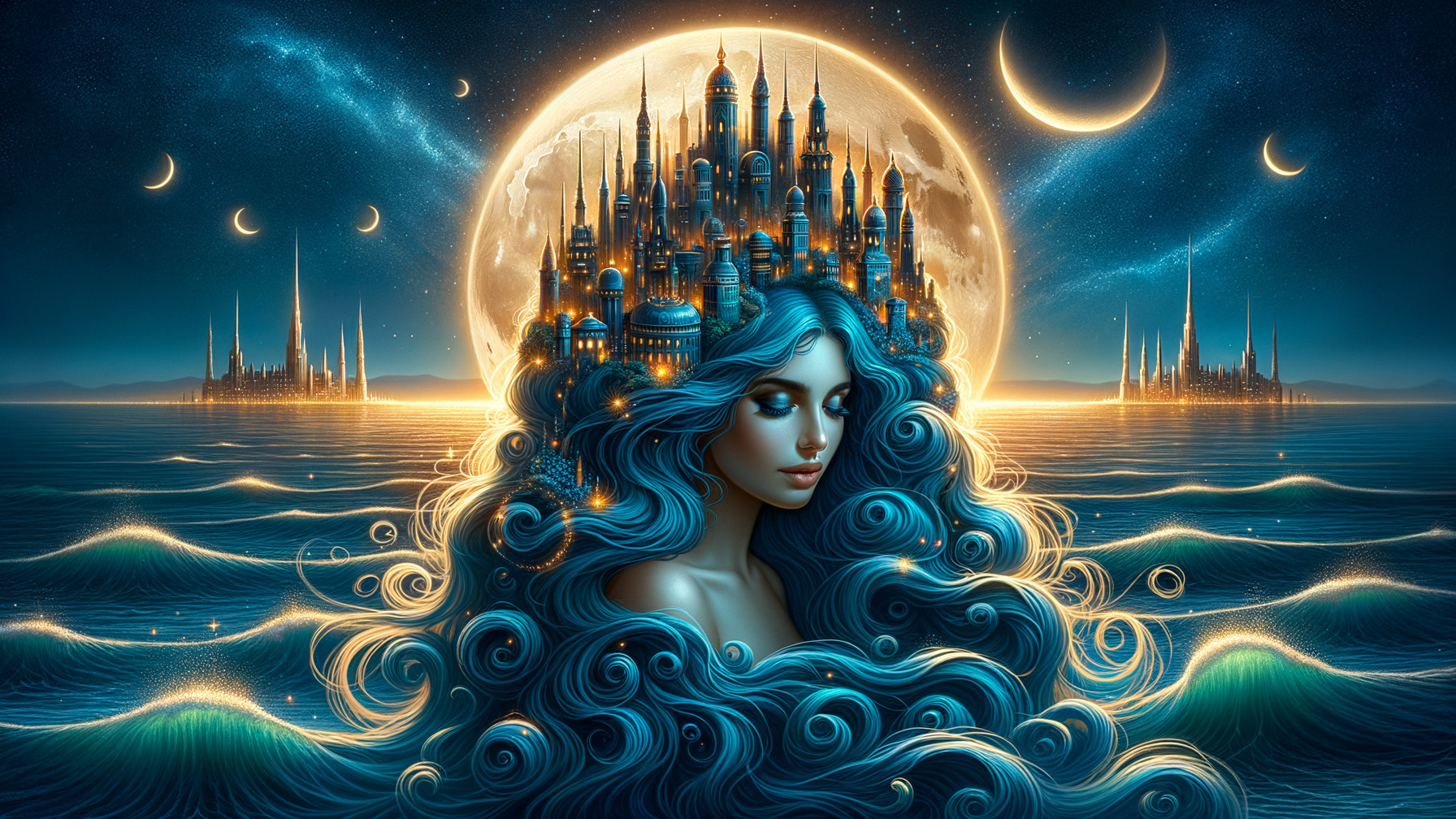 Mystical Scene of Woman with Blue Hair and Castle