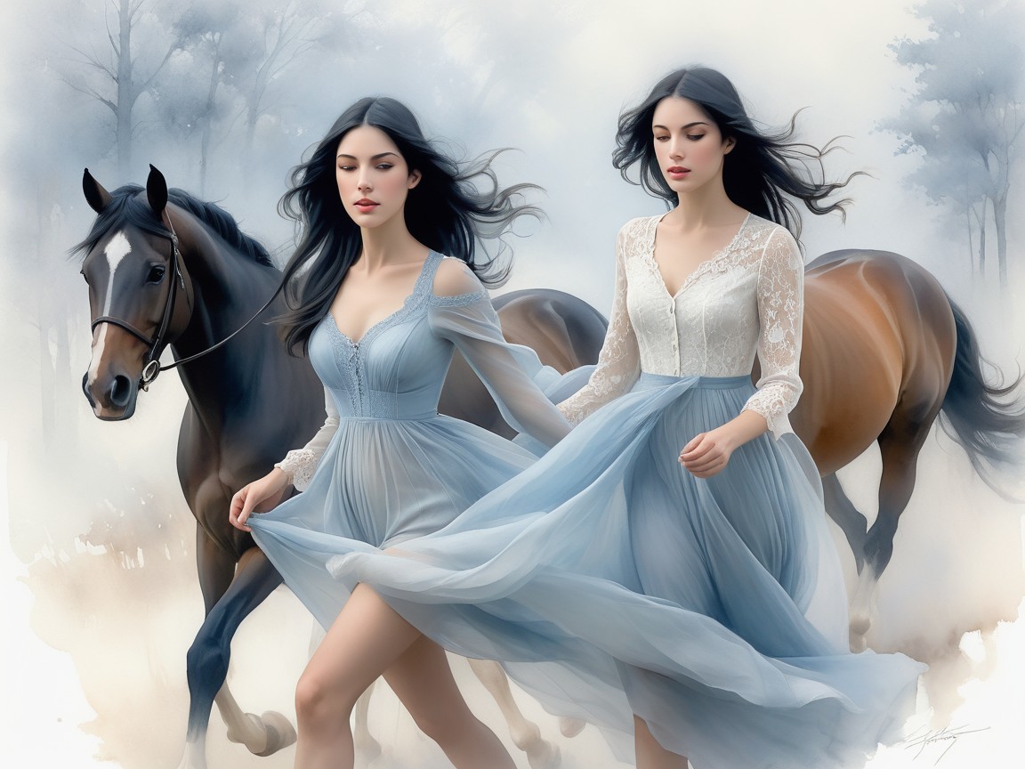 Elegant women in blue dresses with a brown horse