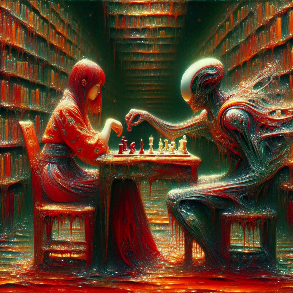 Surreal Library Scene with Chess Game and Alien Figure