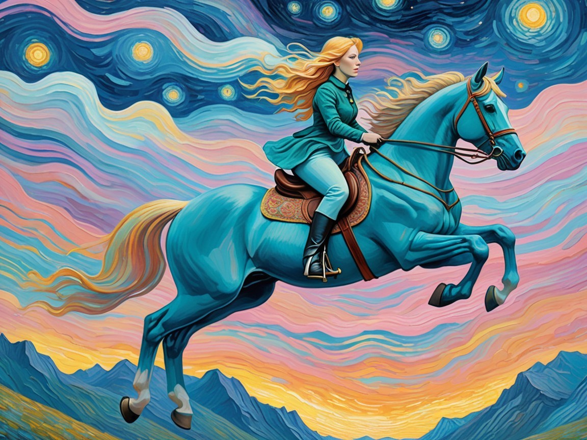 Woman on Blue Horse in Colorful Cosmic Sky