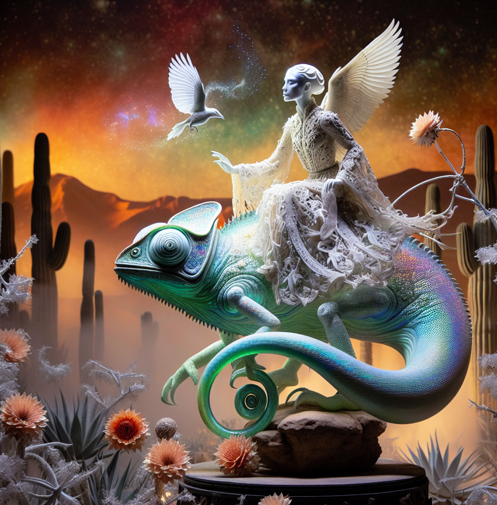 Ethereal figure with wings atop a vibrant chameleon