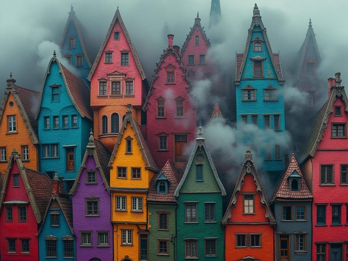 Colorful Whimsical Houses in a Misty Landscape