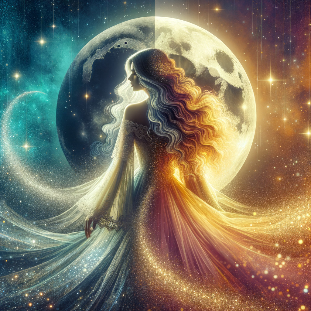 Celestial Figure in Cosmic Landscape with Radiant Moon