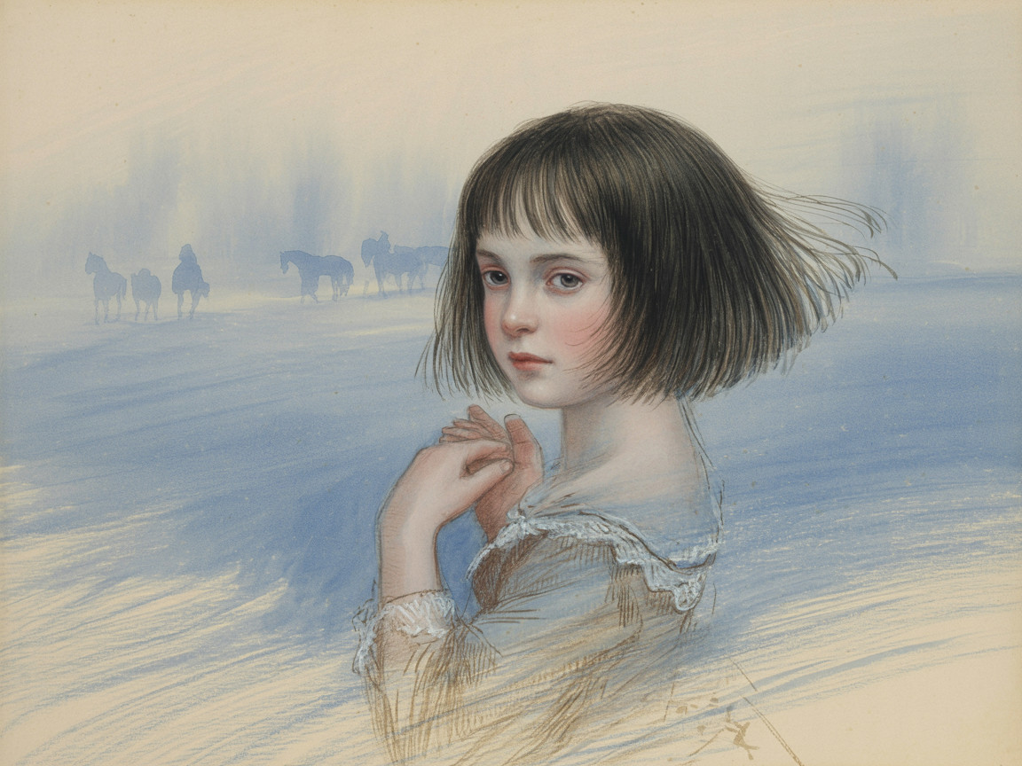 Young girl in light dress with misty landscape backdrop