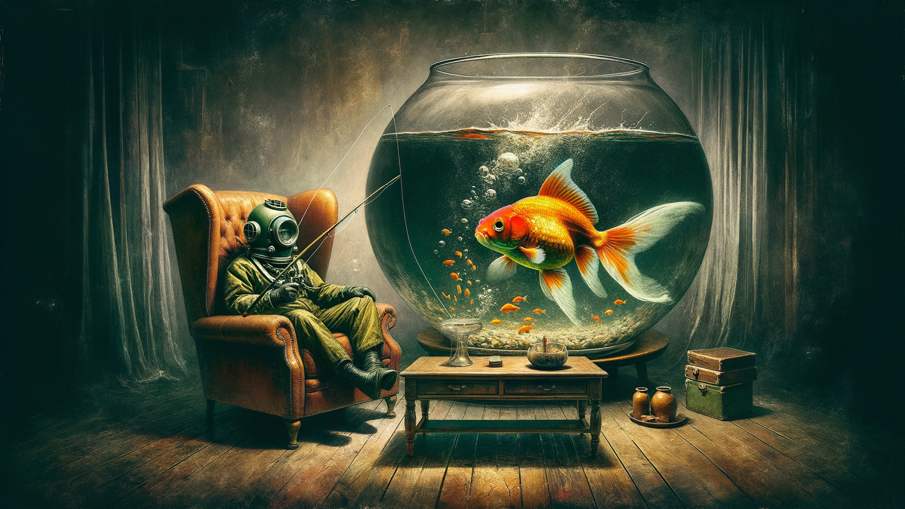 Diver in Vintage Suit Fishing in a Giant Fishbowl