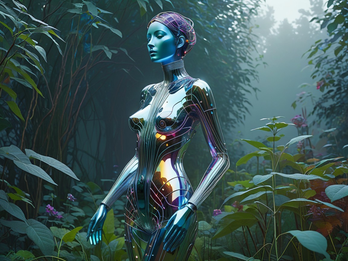 Futuristic humanoid robot in lush green environment