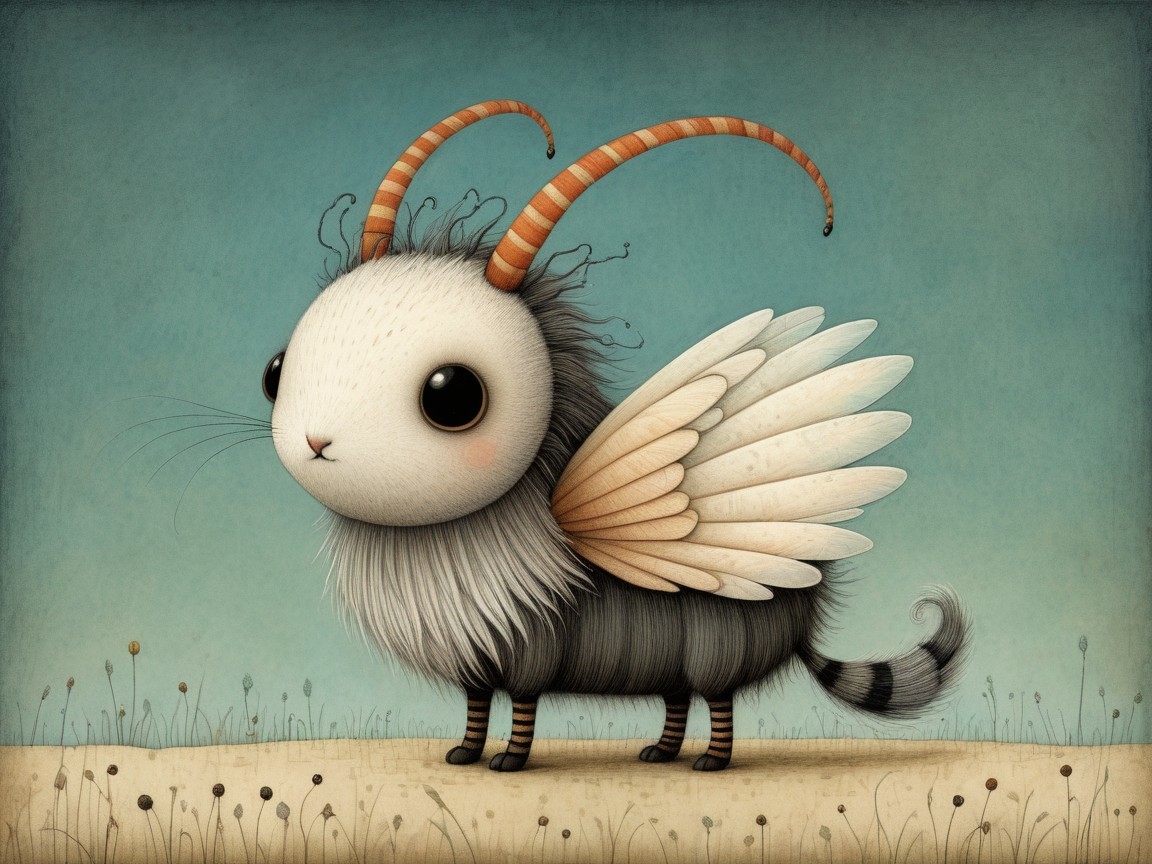 Whimsical Goat-Insect Creature with Feathery Wings